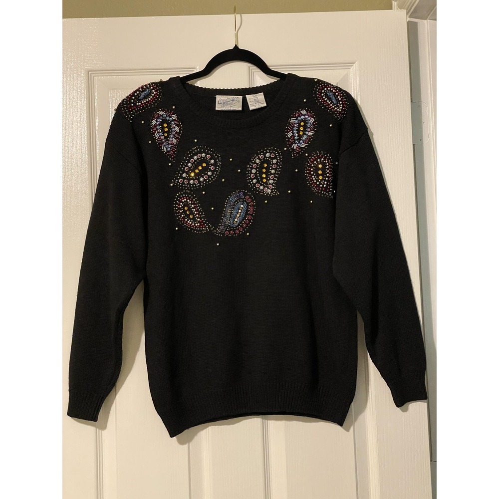 Vintage Midnight‎ Blues Sweater Womens Large Black Beaded Sequin Paisley Knit